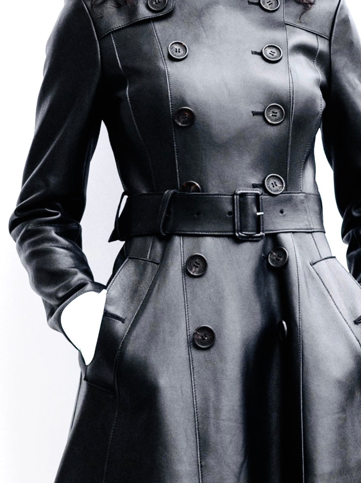 Matrix Black Leather Double-Breasted Coat