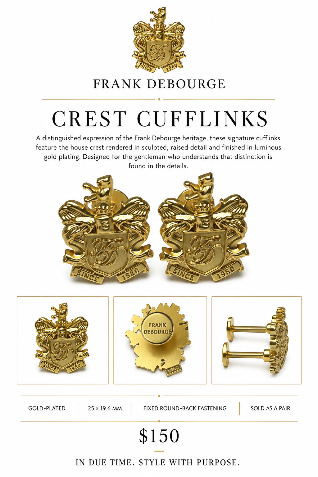 Crest Cufflinks — Gold Plated — details