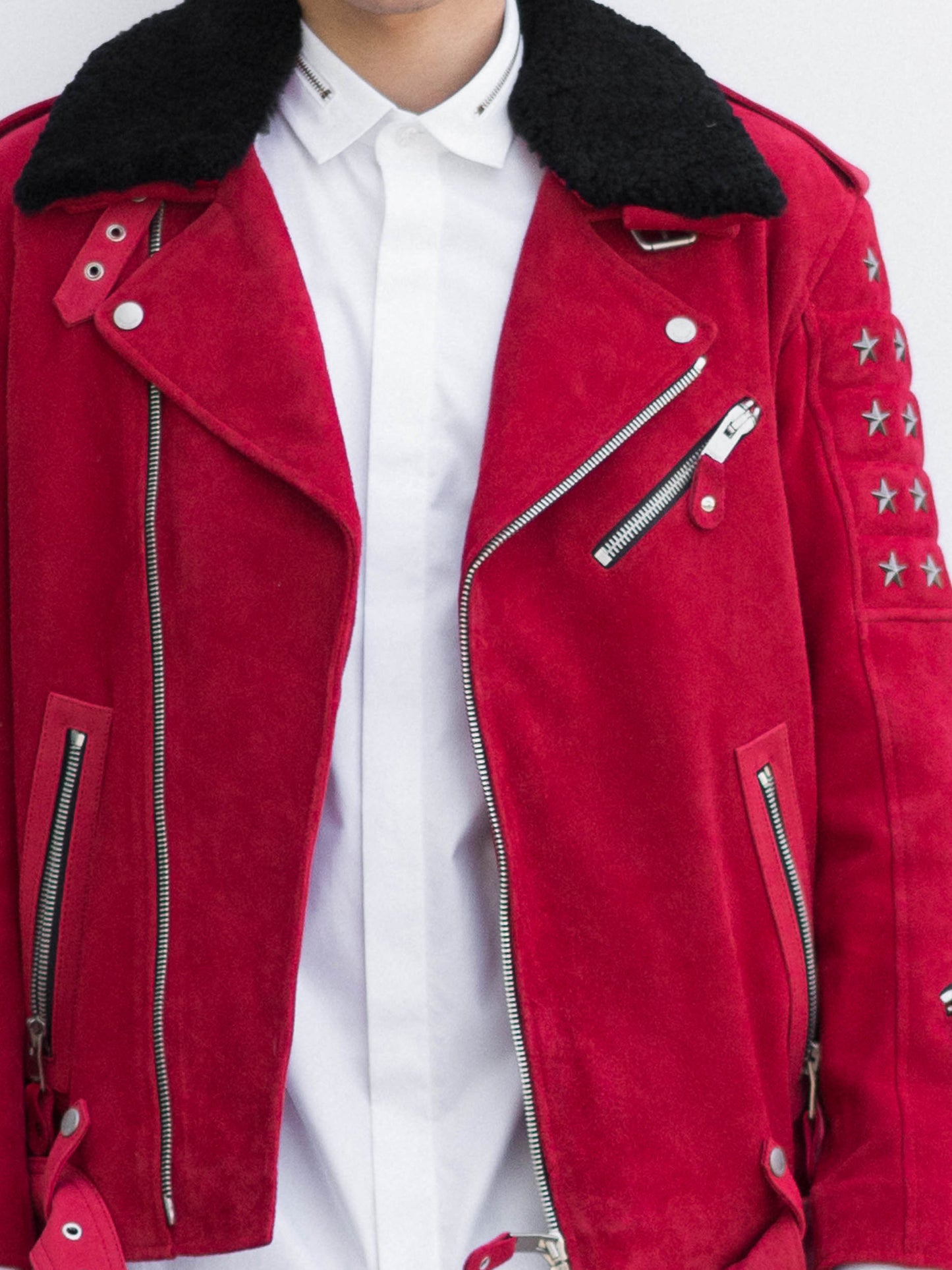 Red Suede Biker Jacket with Detachable Black Shearling Collar