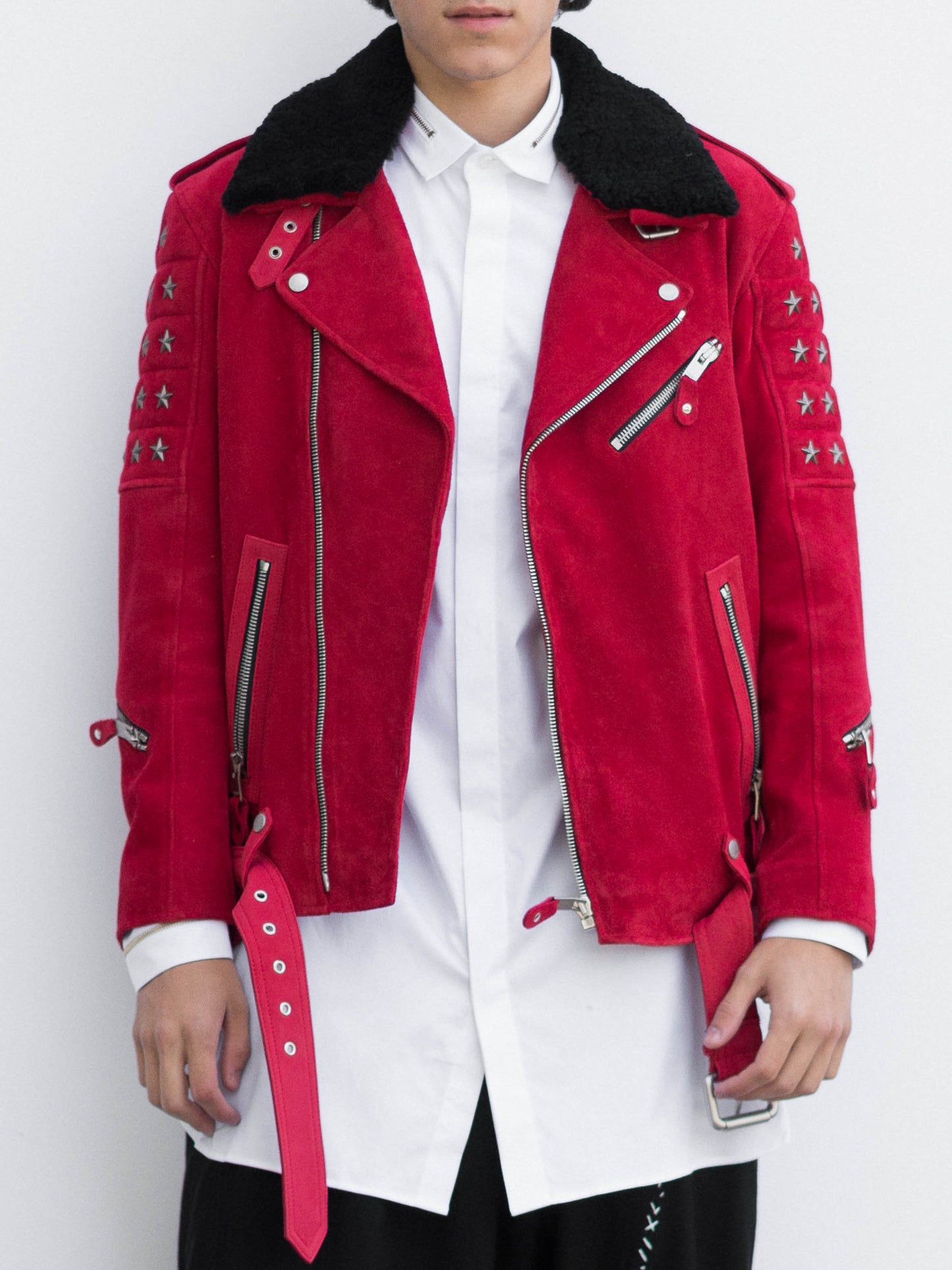 Red Suede Biker Jacket with Detachable Black Shearling Collar