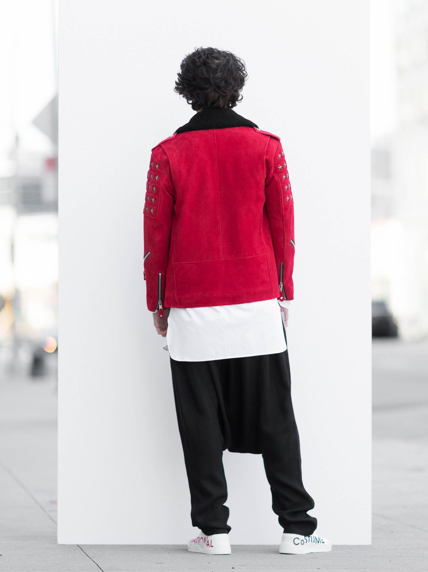 Red Suede Biker Jacket with Detachable Black Shearling Collar