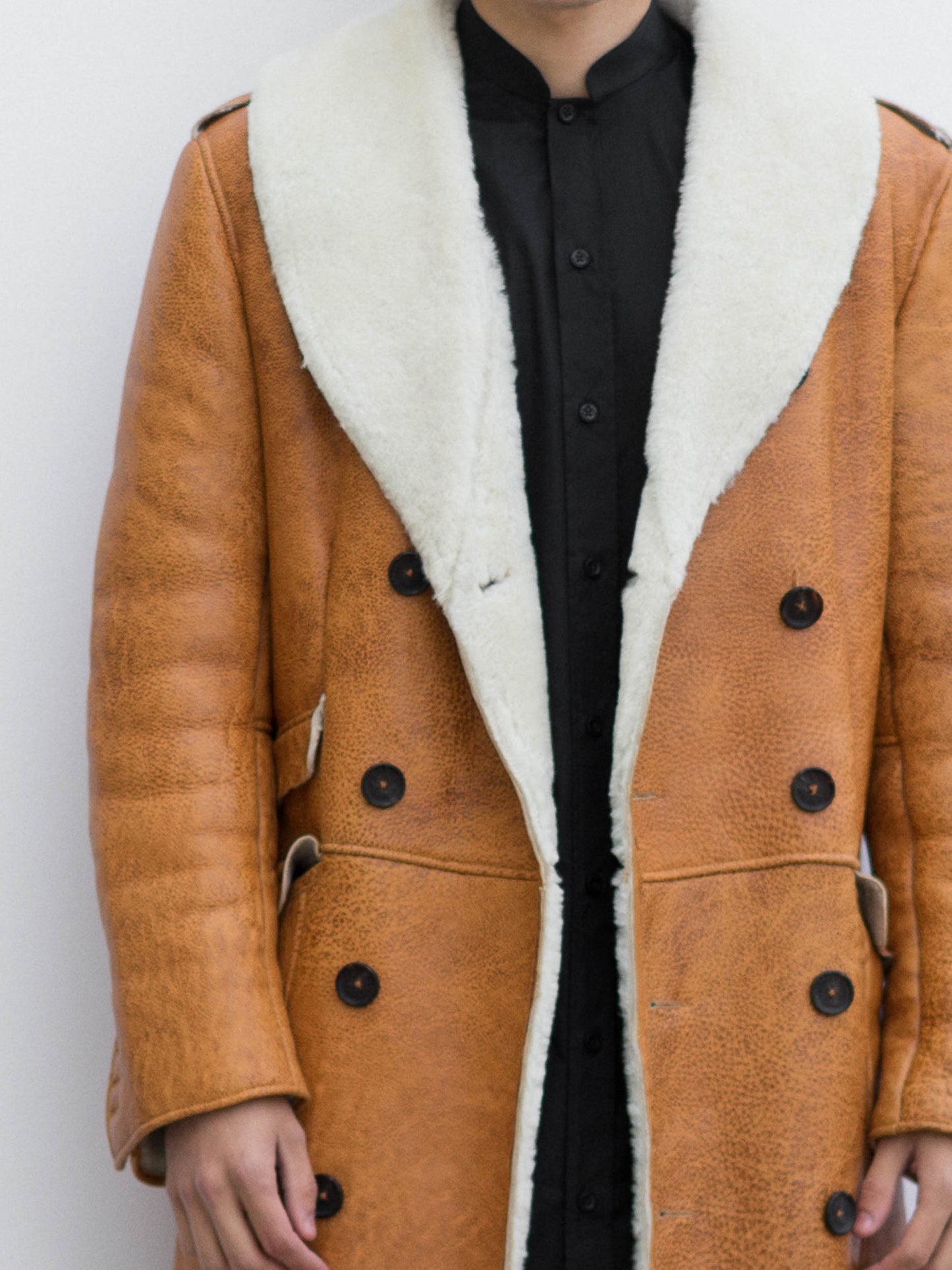 Shearling-Lined Camel Leather Coat