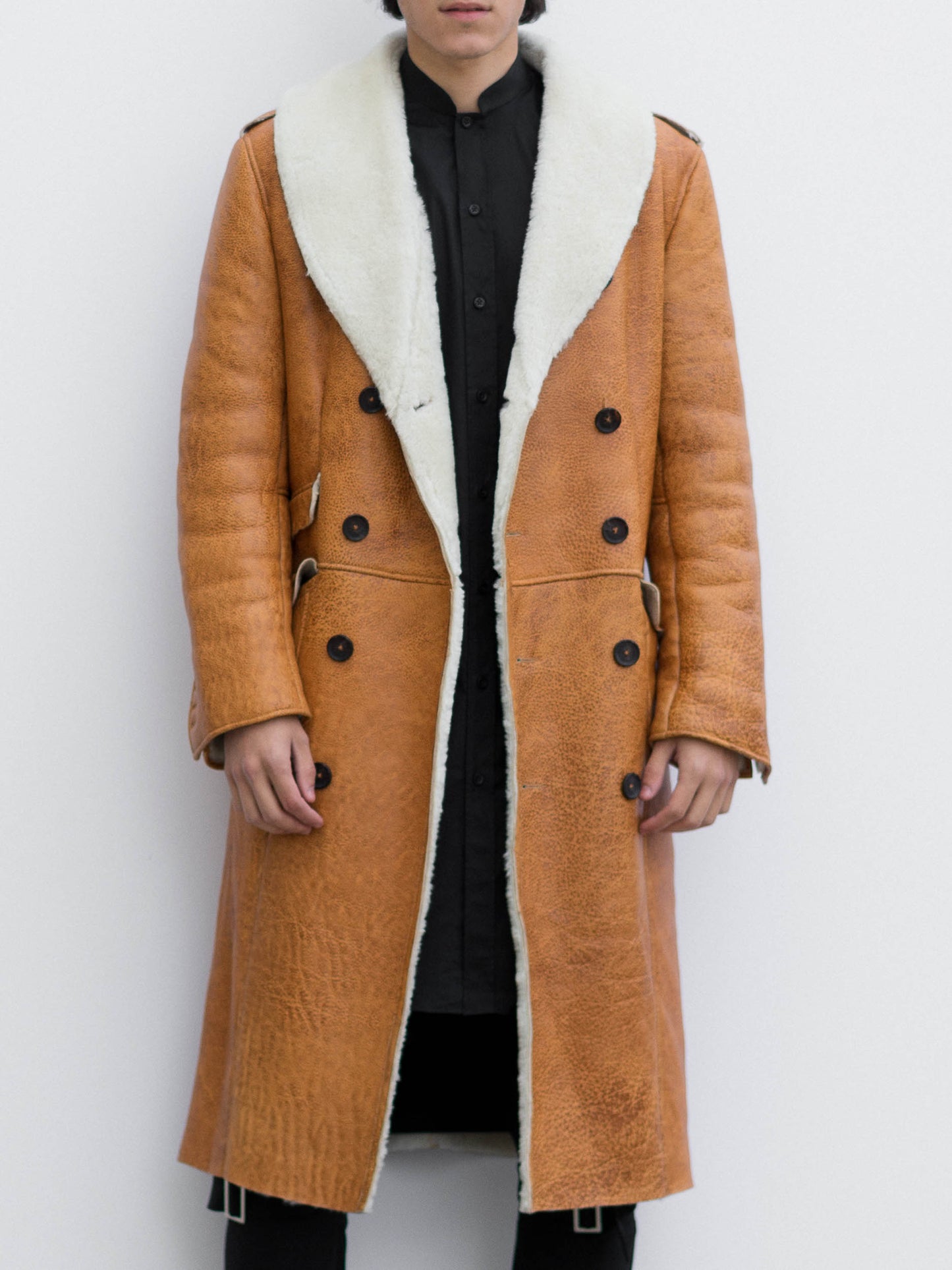 Shearling-Lined Camel Leather Coat