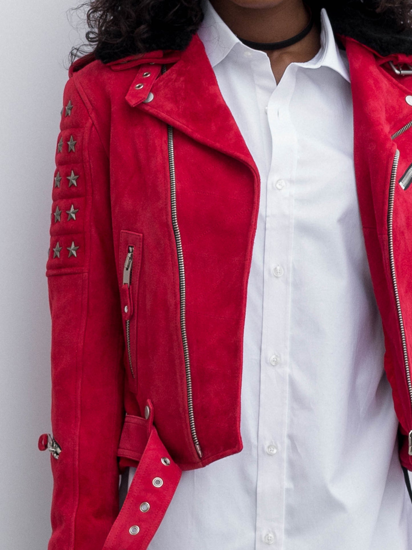Red Suede Biker Jacket with Detachable Black Shearling Collar