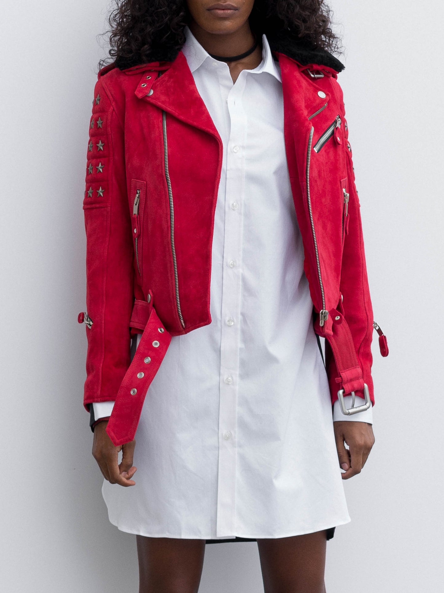 Red Suede Biker Jacket with Detachable Black Shearling Collar