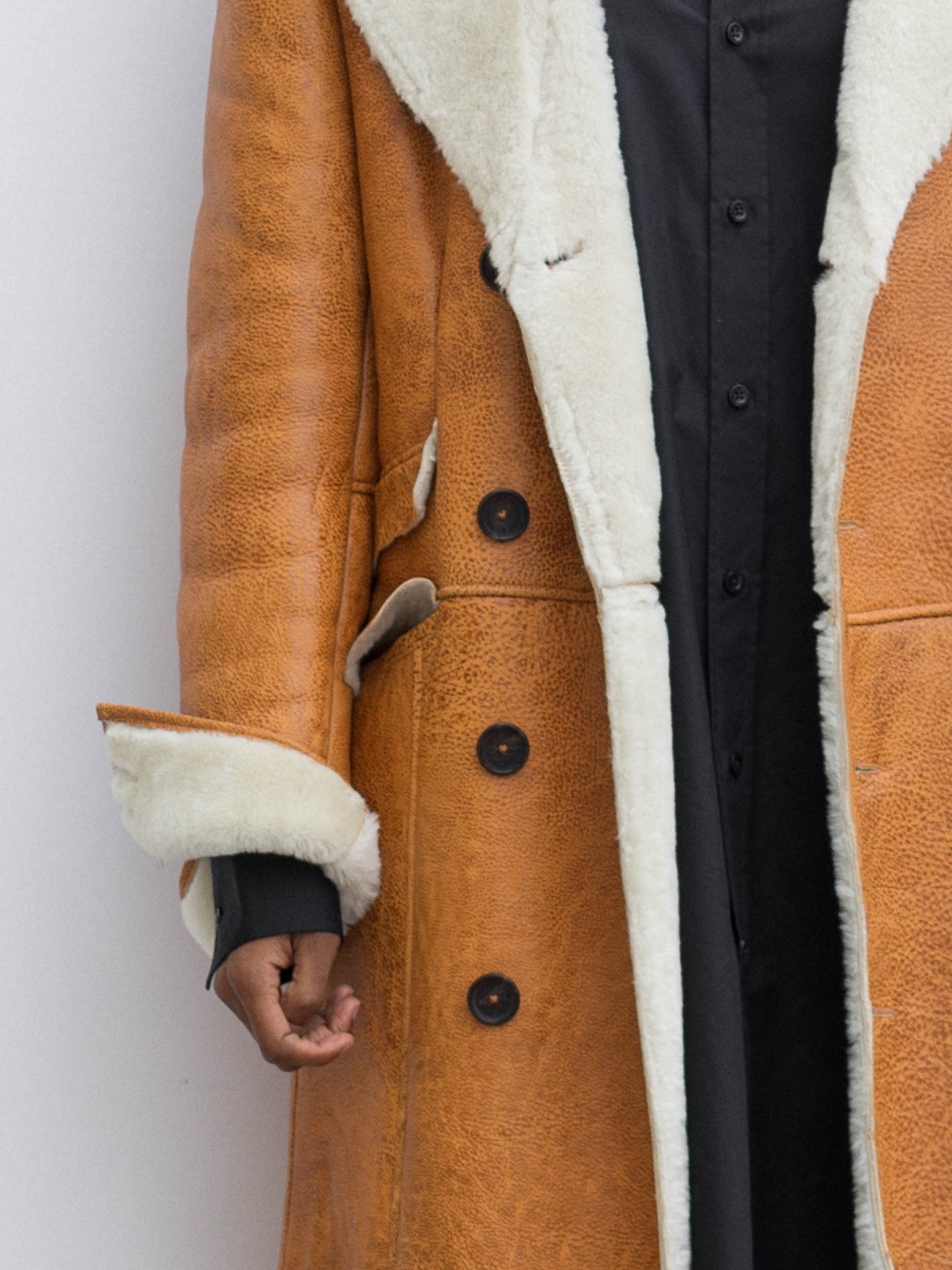 Shearling-Lined Camel Leather Coat