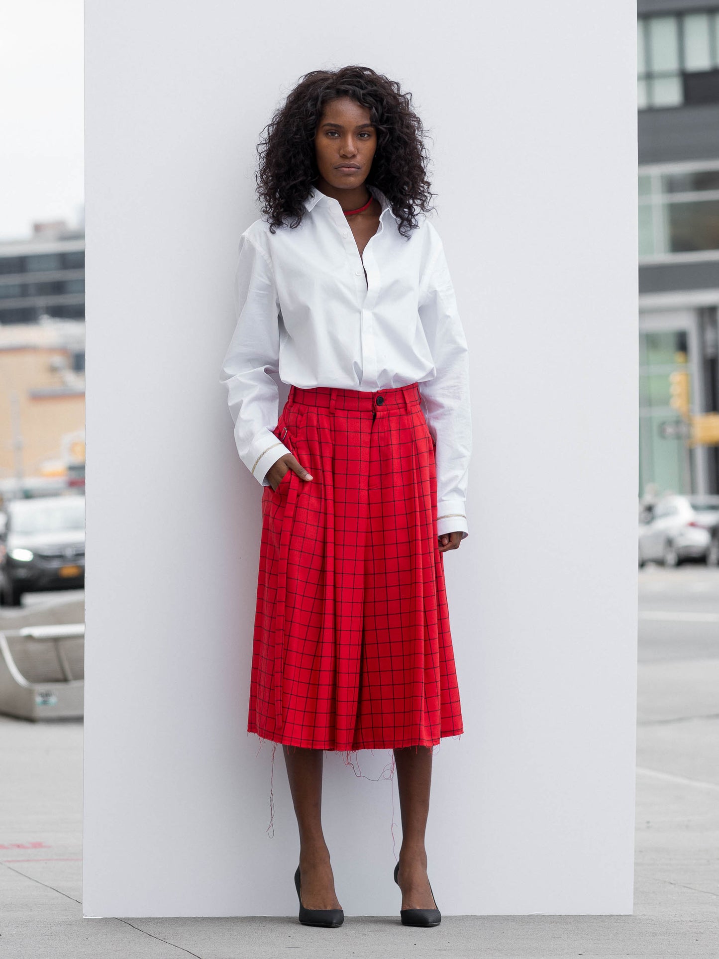 Red Skirt Pants With Black Squares