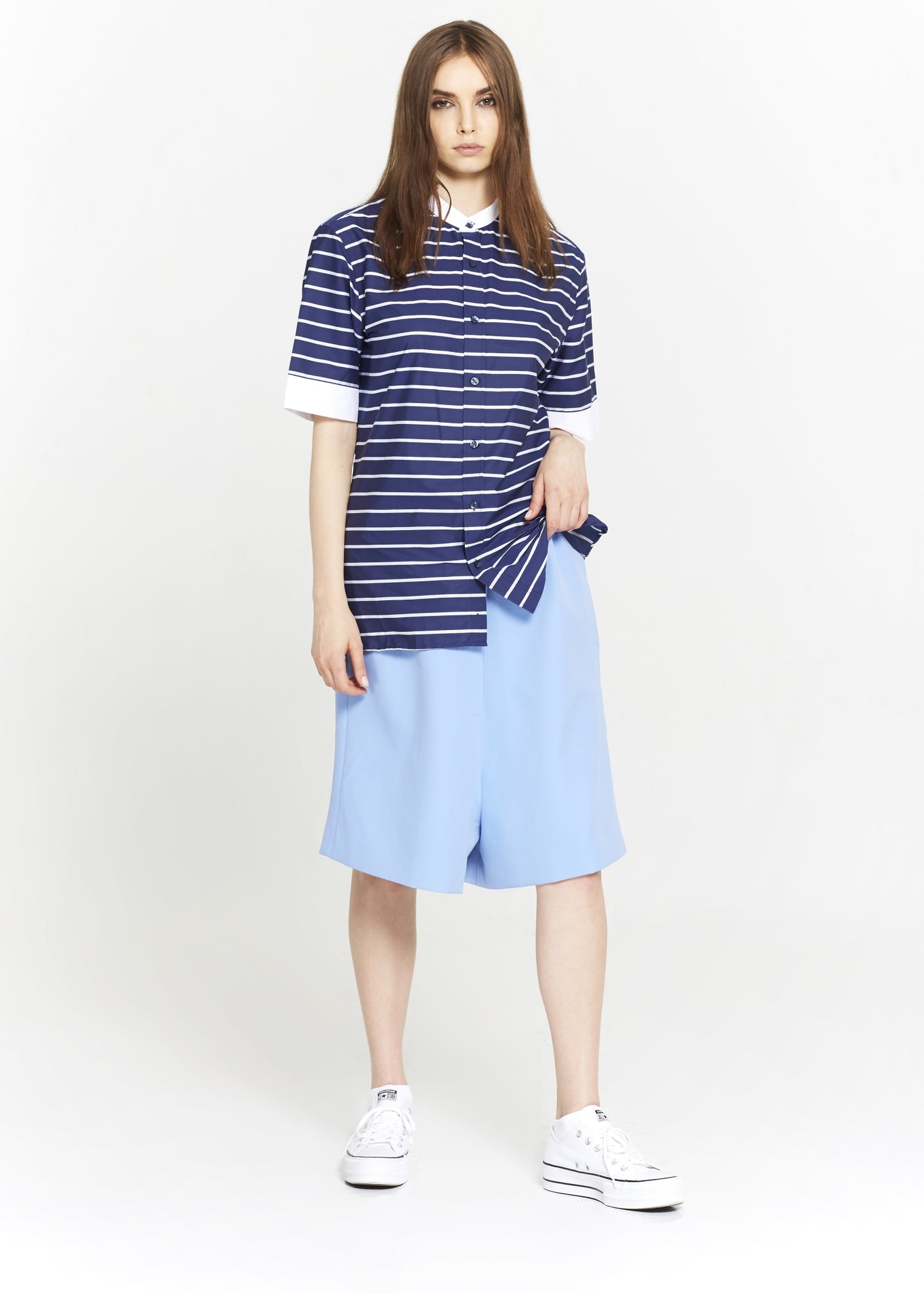 Short Sleeve Blue & White Striped Cotton Tunic