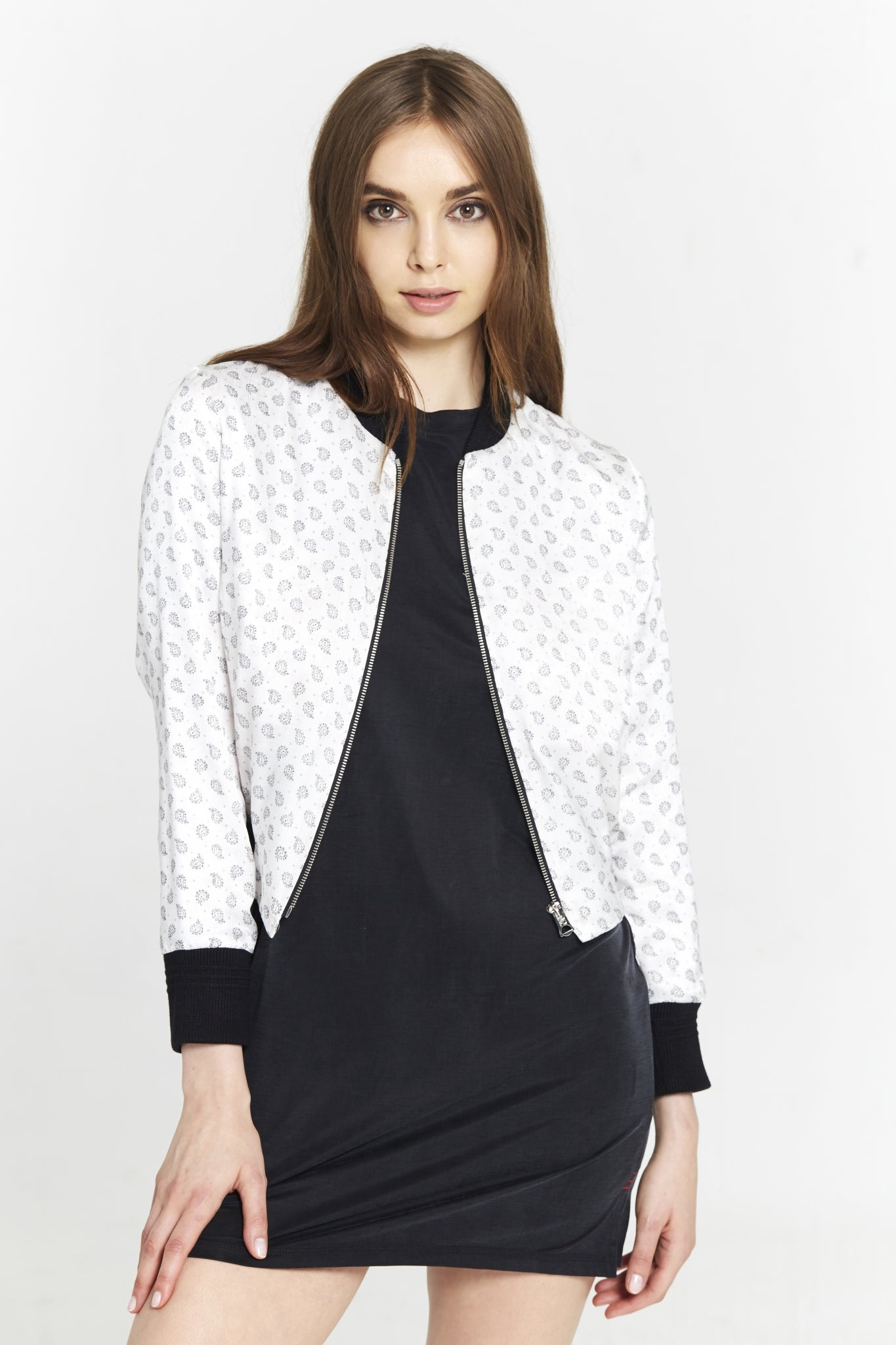 "The Classic Bomber" in White & Black Paisley - 3/4 Cut