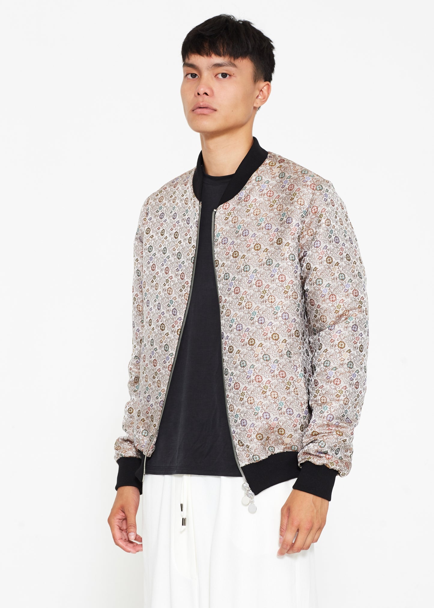 "The Limited Edition Crepe Bomber" in Silver Floral