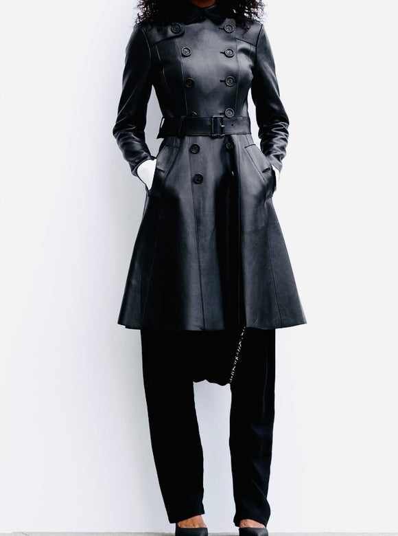 Matrix Black Leather Double-Breasted Coat