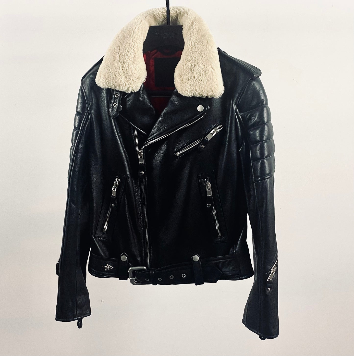 Leather Biker Jacket With Detachable Shearling Collar