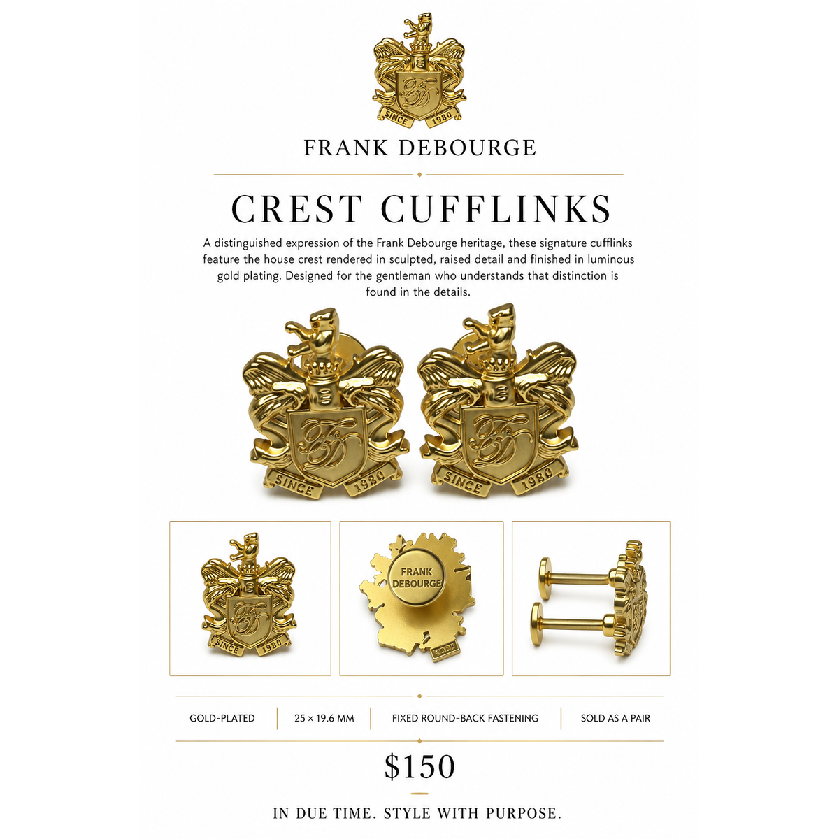 Crest Cufflinks — Gold Plated — details