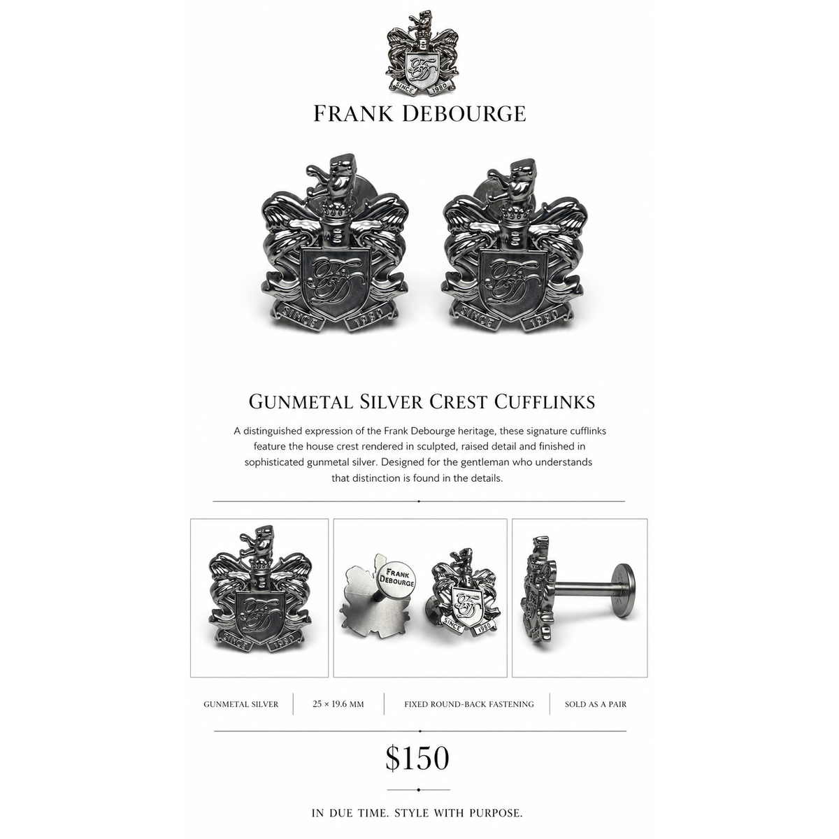 Crest Cufflinks — Gunmetal Silver — details