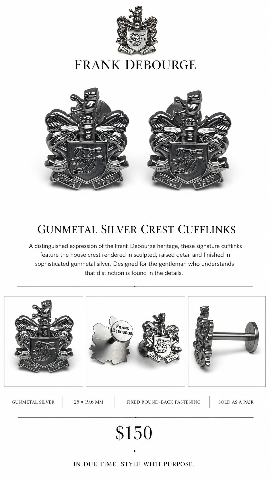 Crest Cufflinks — Gunmetal Silver — details