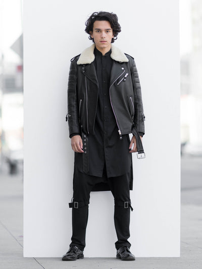 Leather Biker Jacket With Detachable Shearling Collar