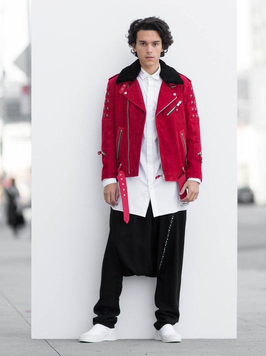 Red Suede Biker Jacket with Detachable Black Shearling Collar