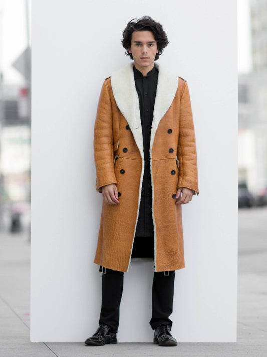 Shearling-Lined Camel Leather Coat