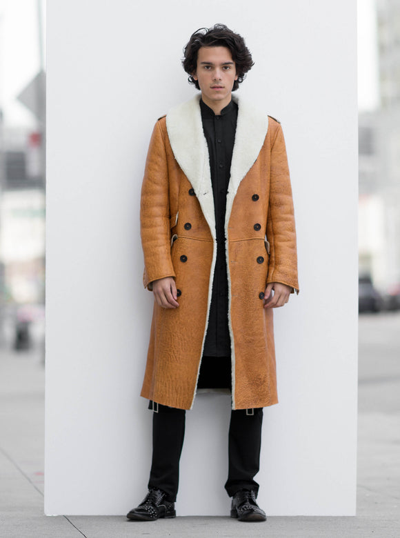 Shearling-Lined Camel Leather Coat