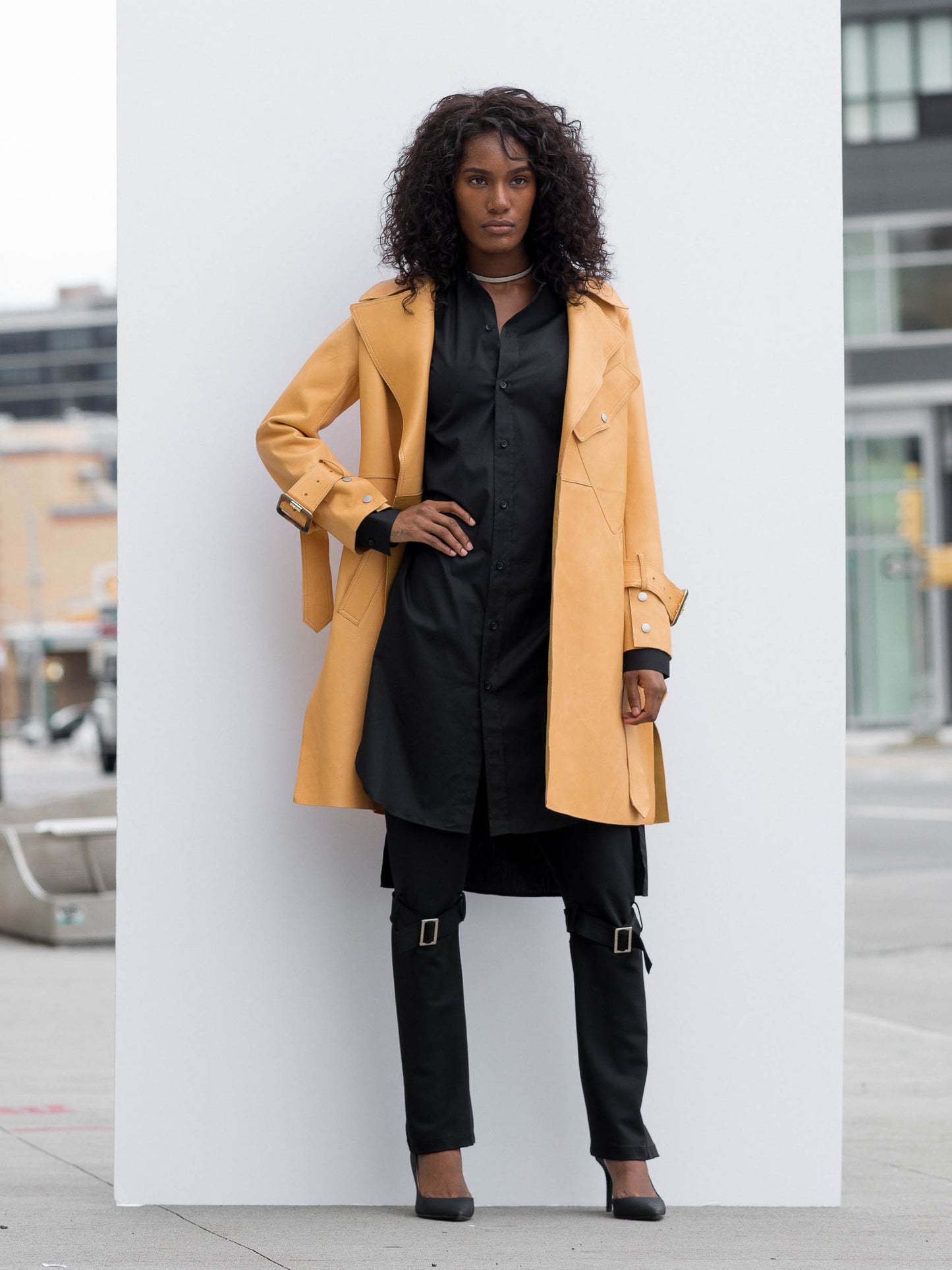 Matrix Yellow Leather Trench Coat With Pocket