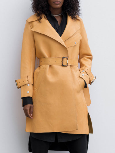 Matrix Yellow Leather Trench Coat With Pocket