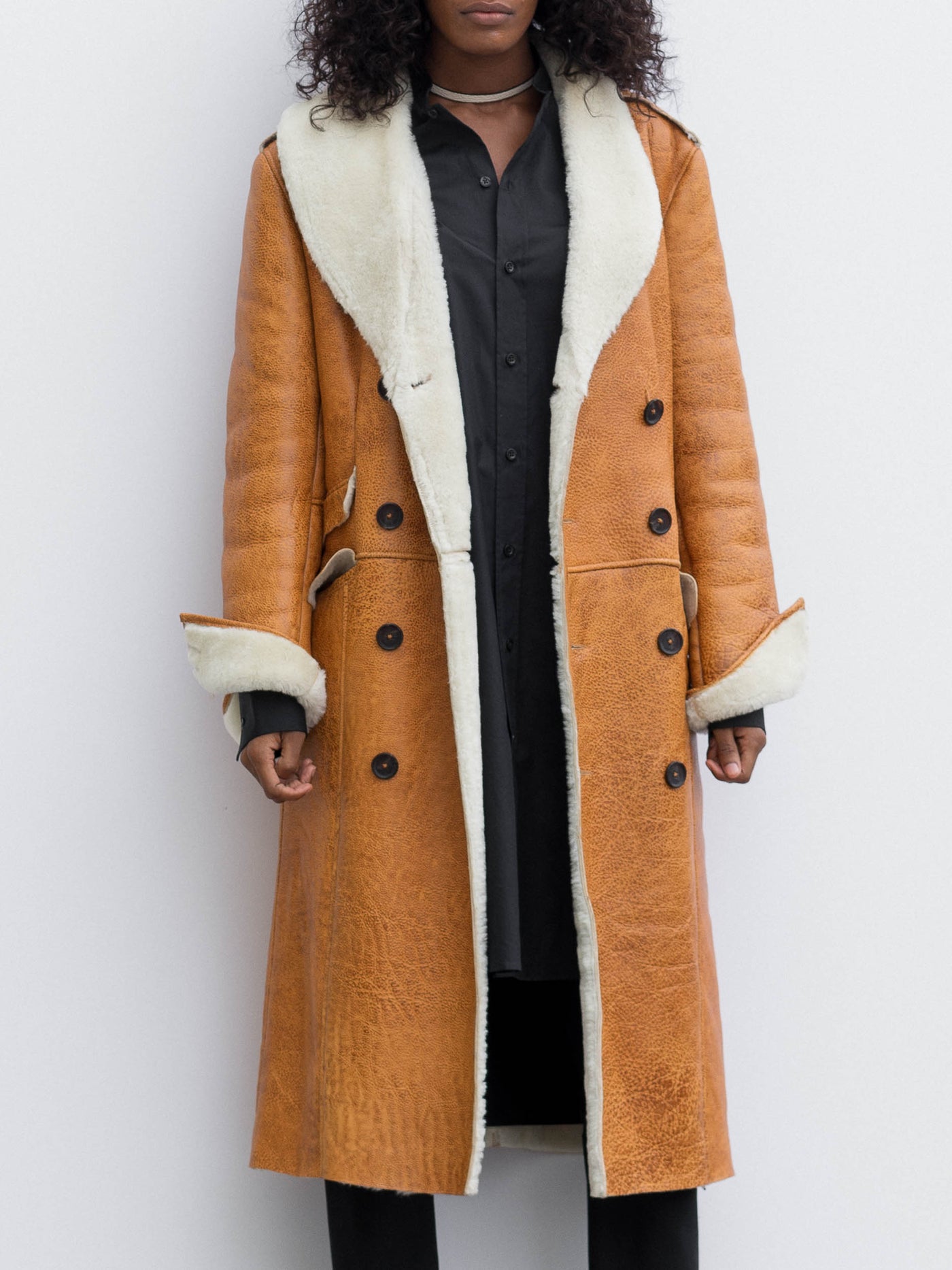 Shearling-Lined Camel Leather Coat