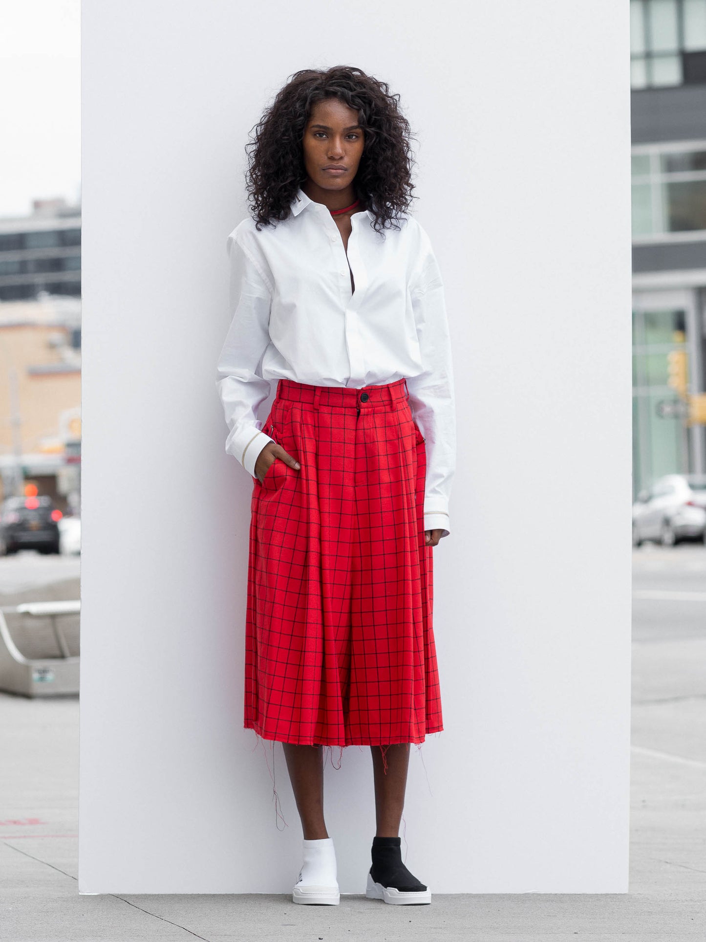 Red Skirt Pants With Black Squares