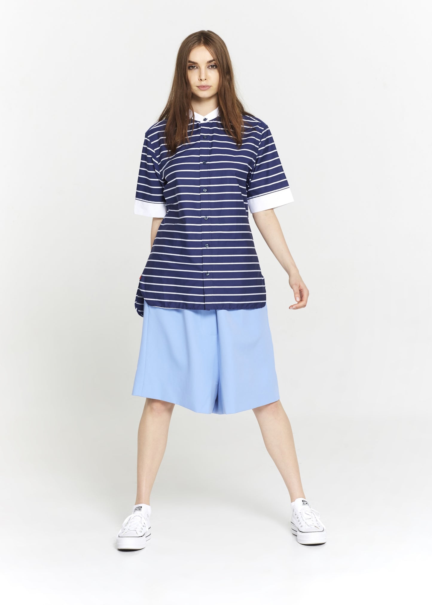 Short Sleeve Blue & White Striped Cotton Tunic