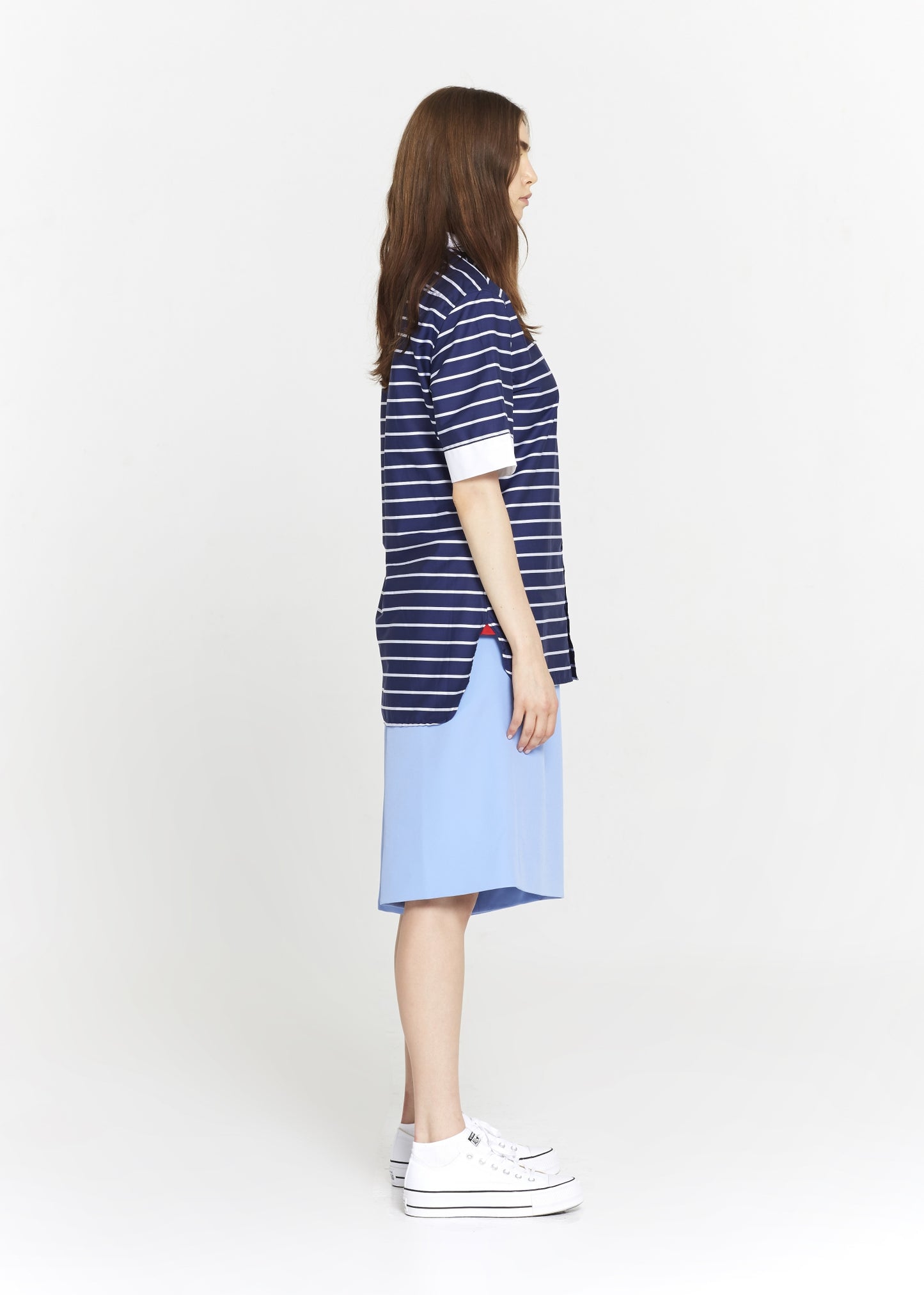 Short Sleeve Blue & White Striped Cotton Tunic