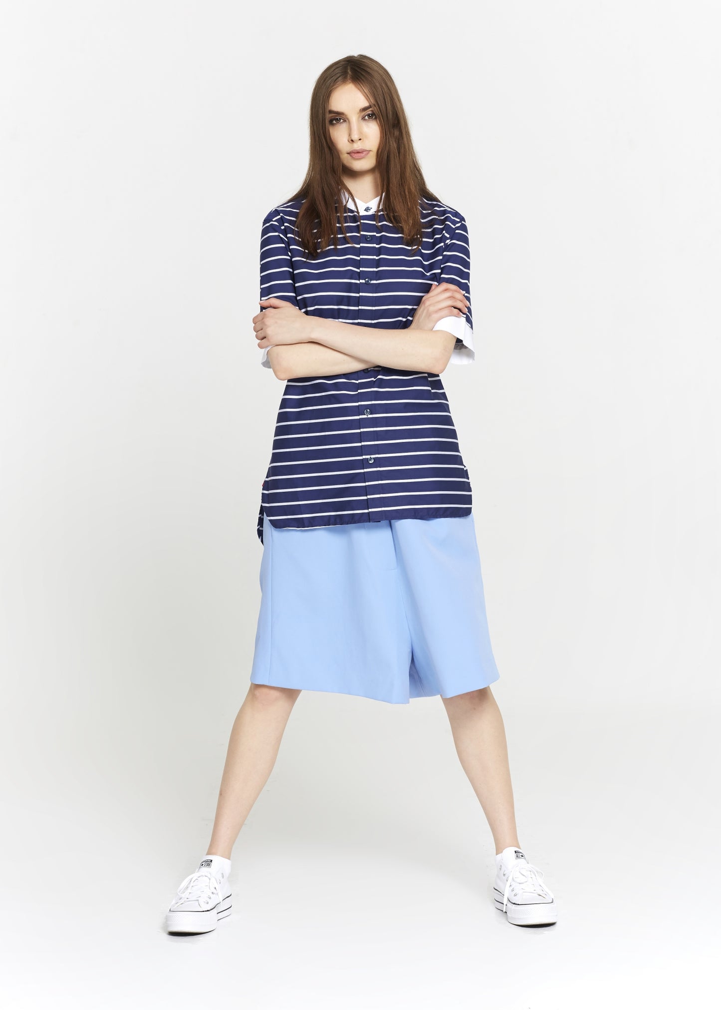 Short Sleeve Blue & White Striped Cotton Tunic