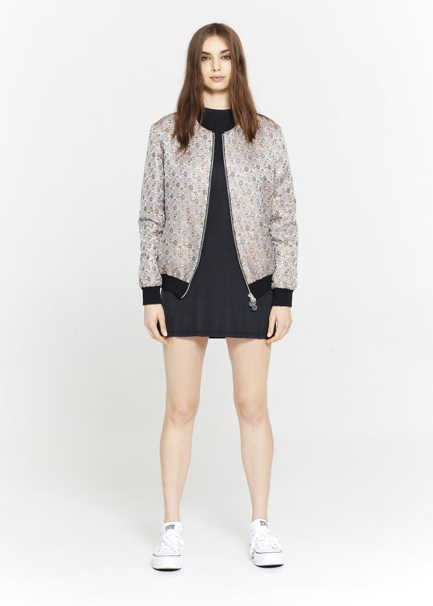 "The Limited Edition Crepe Bomber" in Silver Floral