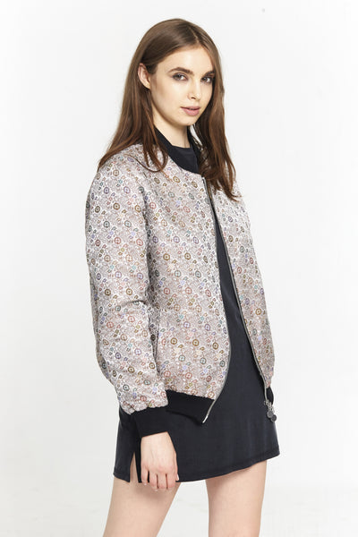 "The Limited Edition Crepe Bomber" in Silver Floral