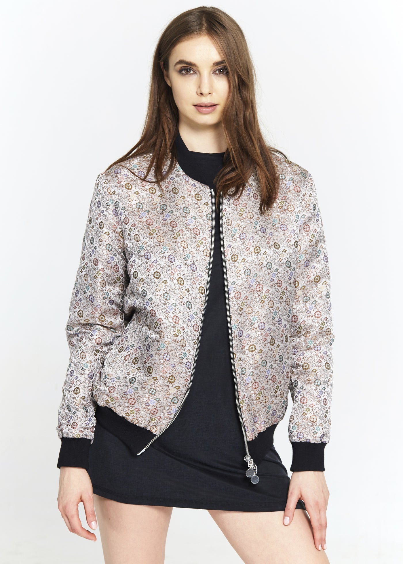 "The Limited Edition Crepe Bomber" in Silver Floral